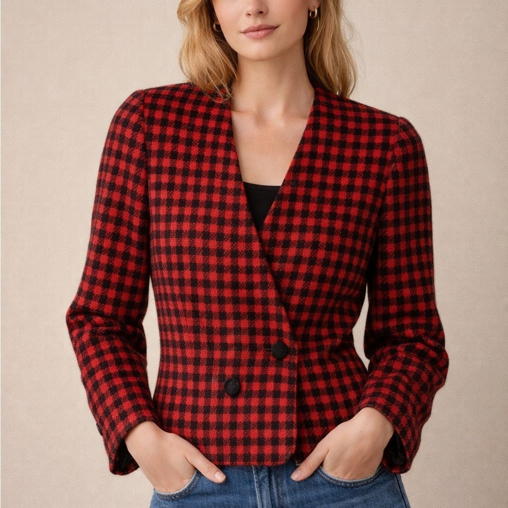 Vintage Pendleton Wool Blazer | Red & Black houndstooth-size 6P-USA